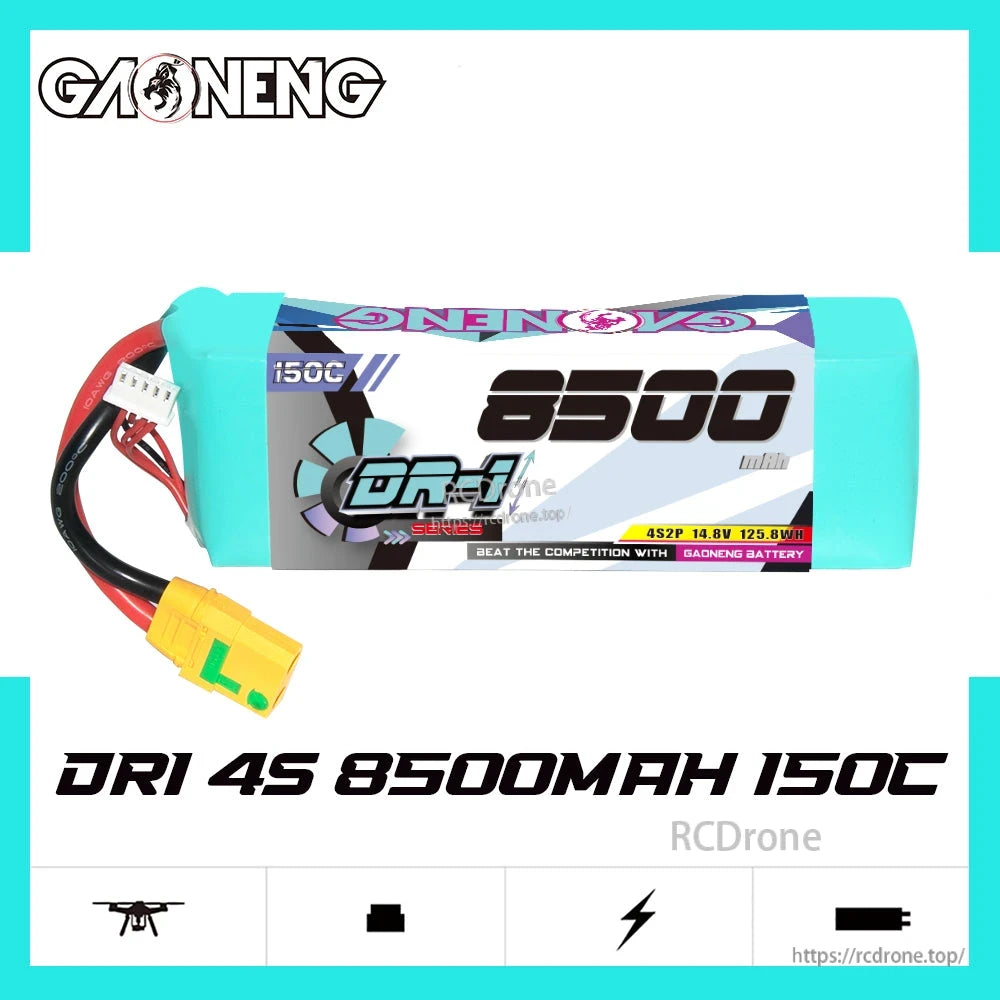 GAONENG GNB DR-1 4S 8500mAh 150C LiPo battery side view with model text graphic