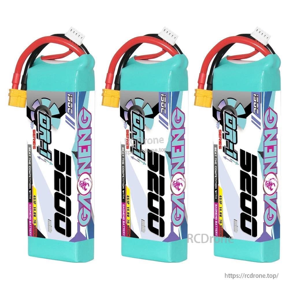 Three GNB DR-1 5200 batteries shown upright side-by-side with XT60 leads