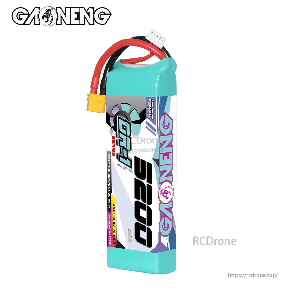 Vertical front view of GNB DR-1 5200 LiPo battery with XT60 discharge lead and white balance plug