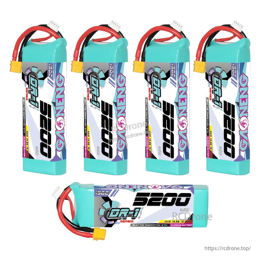 GNB 5200 battery shown in five angles: four upright views and one horizontal view with XT60 connector