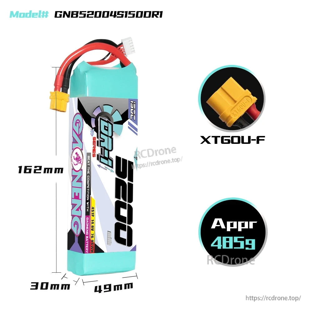 Battery dimensions diagram showing 162mm length, 49mm width, 30mm thickness and XT60U-F connector, 485g