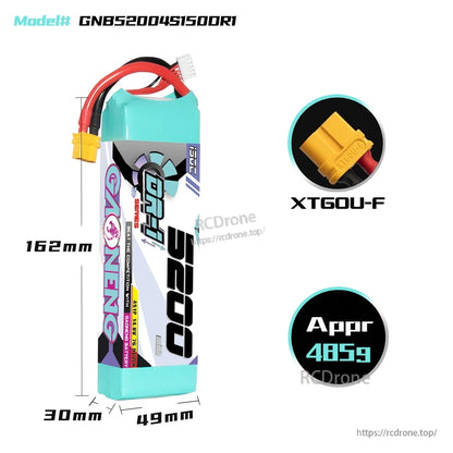 Battery dimensions diagram showing 162mm length, 49mm width, 30mm thickness and XT60U-F connector, 485g