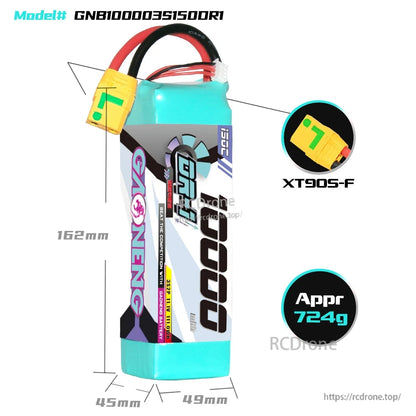 GAONENG GNB100003S150DR1 battery dimensions, XT90S-F connector, and approximate weight