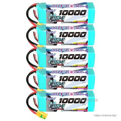 Five GAONENG GNB DR-1 Series 3S 11.1V 10000mAh LiPo batteries stacked vertically