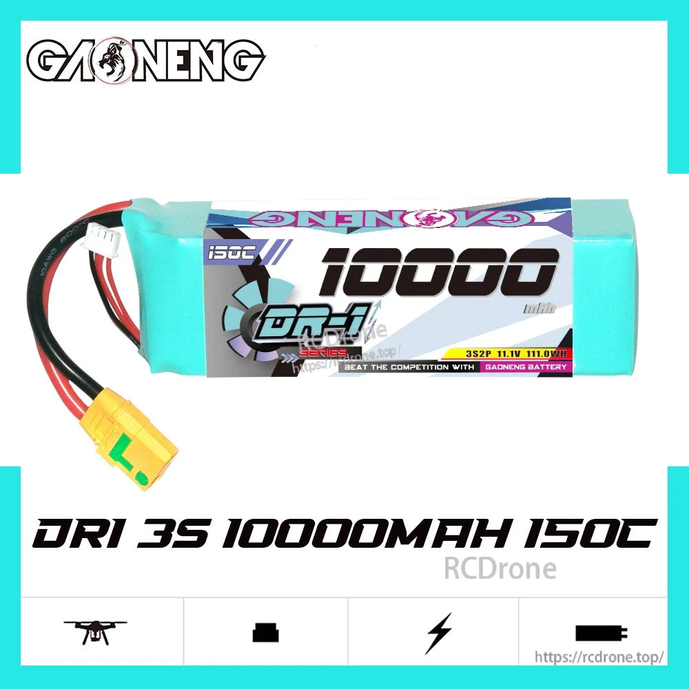 GAONENG GNB DR-1 Series 3S 11.1V 10000mAh LiPo battery laid flat with XT90S lead