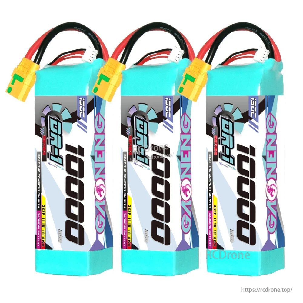 Three GAONENG GNB DR-1 Series 3S 11.1V 10000mAh LiPo batteries together