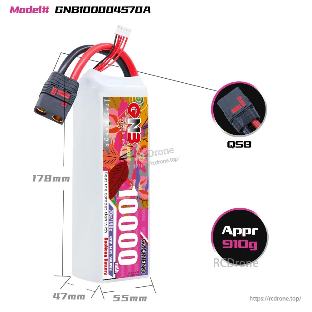 Battery dimensions graphic for GNB100004S70A showing 178×55×47 mm and QS8 plug