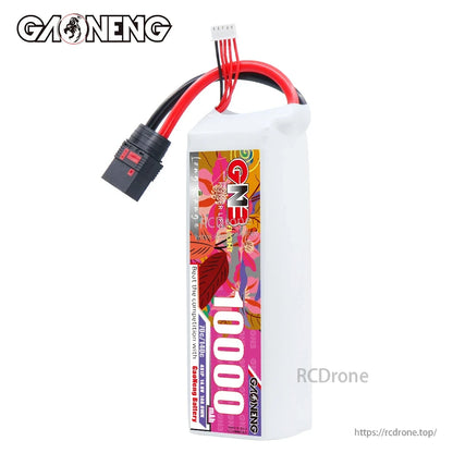 Upright side view of battery showing GNB label and QS8 discharge connector lead