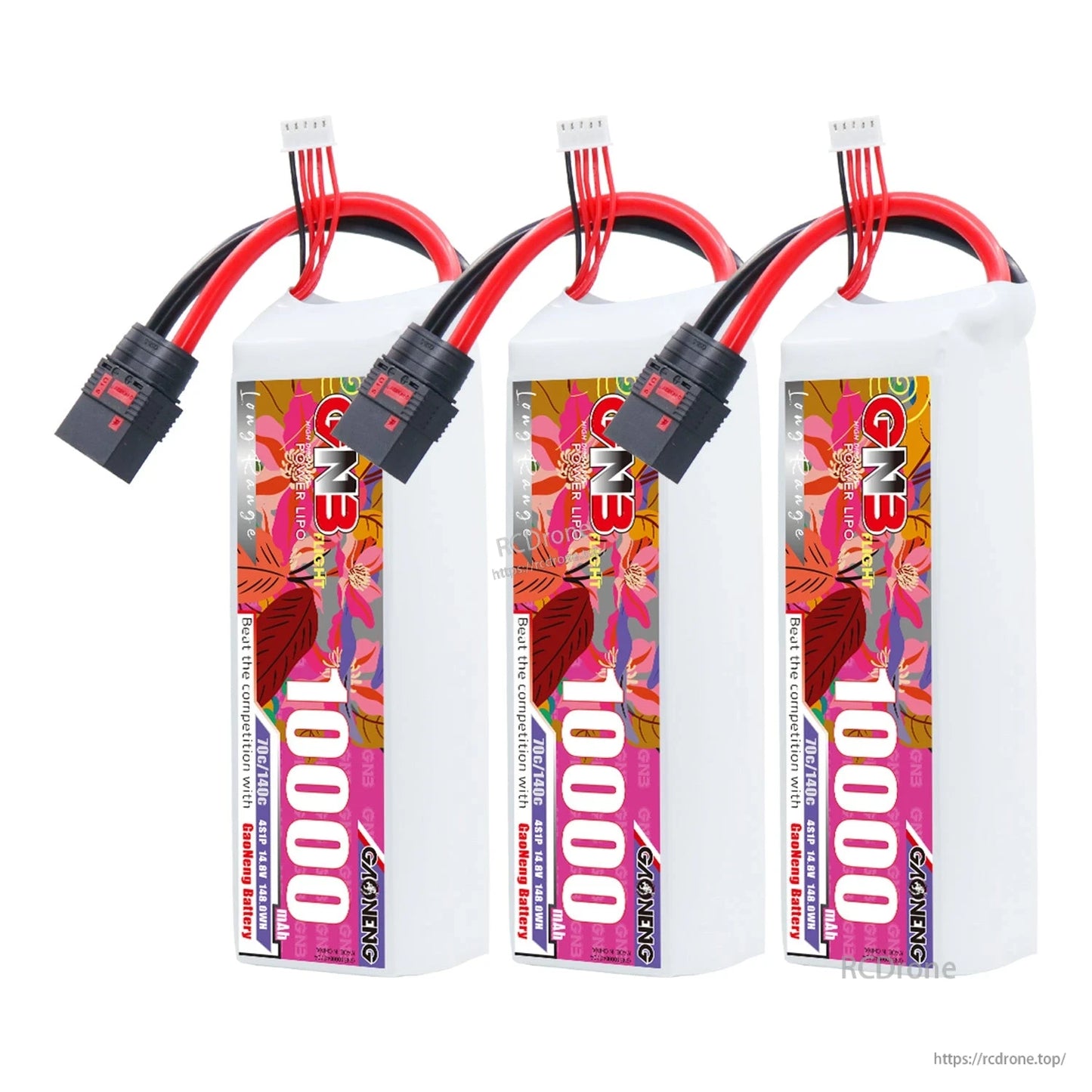 Three-pack display of GNB 10000mAh battery packs with QS8 connectors