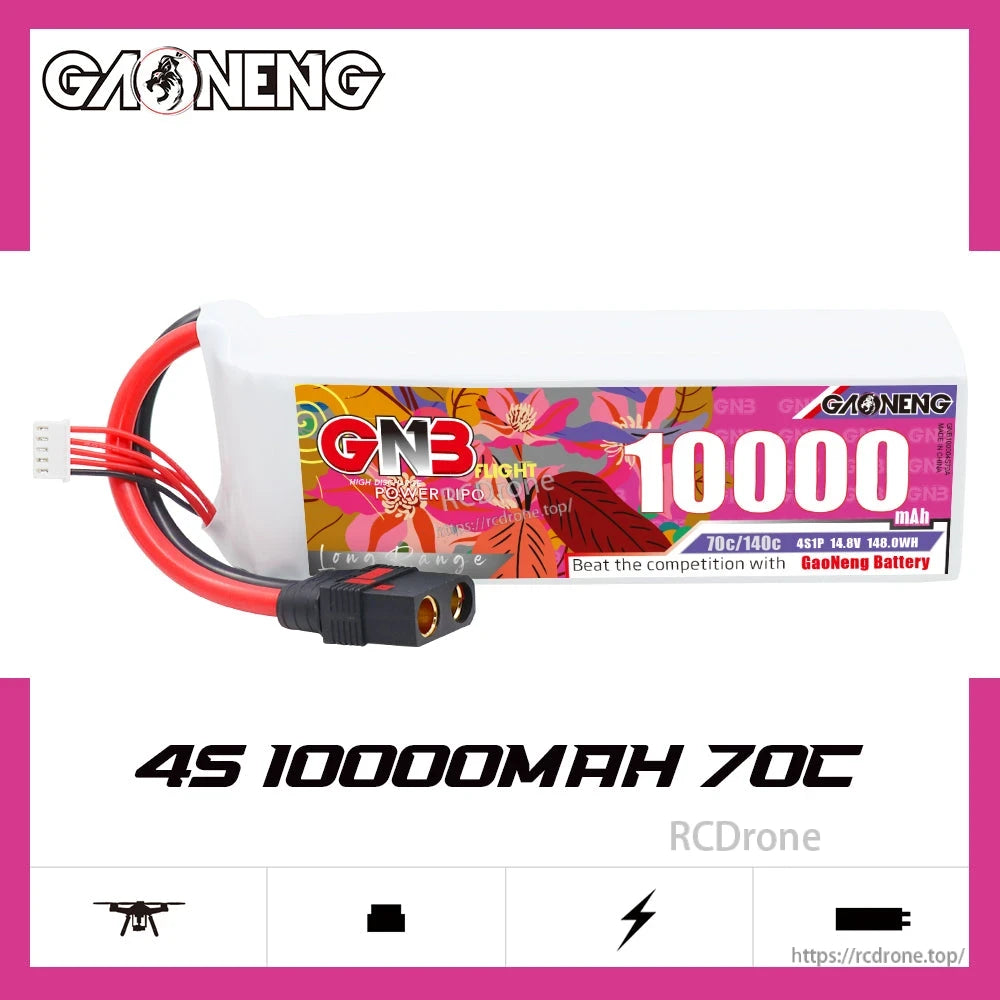 GAONENG GNB 4S 10000mAh 70C LiPo battery QS8 with balance lead, side profile