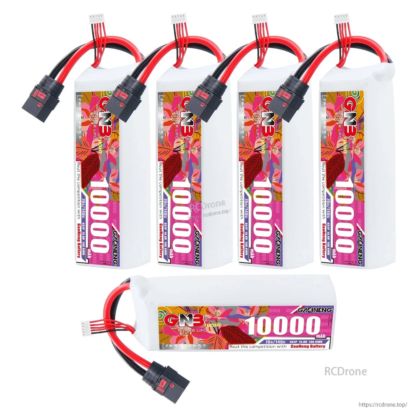 Five batteries shown: four standing plus one horizontal, all with QS8 connectors