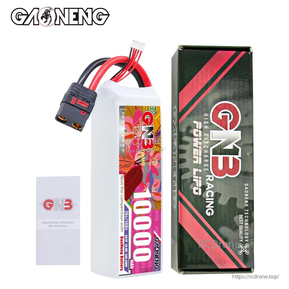 Package contents: GNB 10000mAh battery, retail box, and user manual leaflet