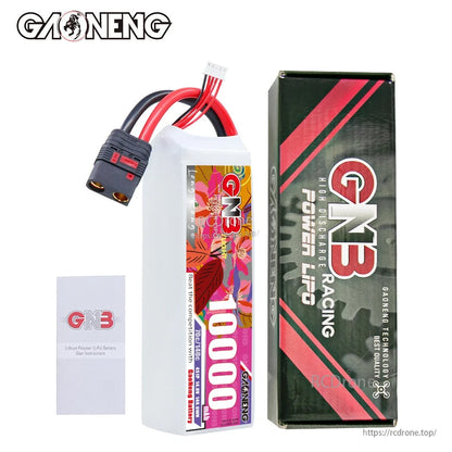 Package contents: GNB 10000mAh battery, retail box, and user manual leaflet