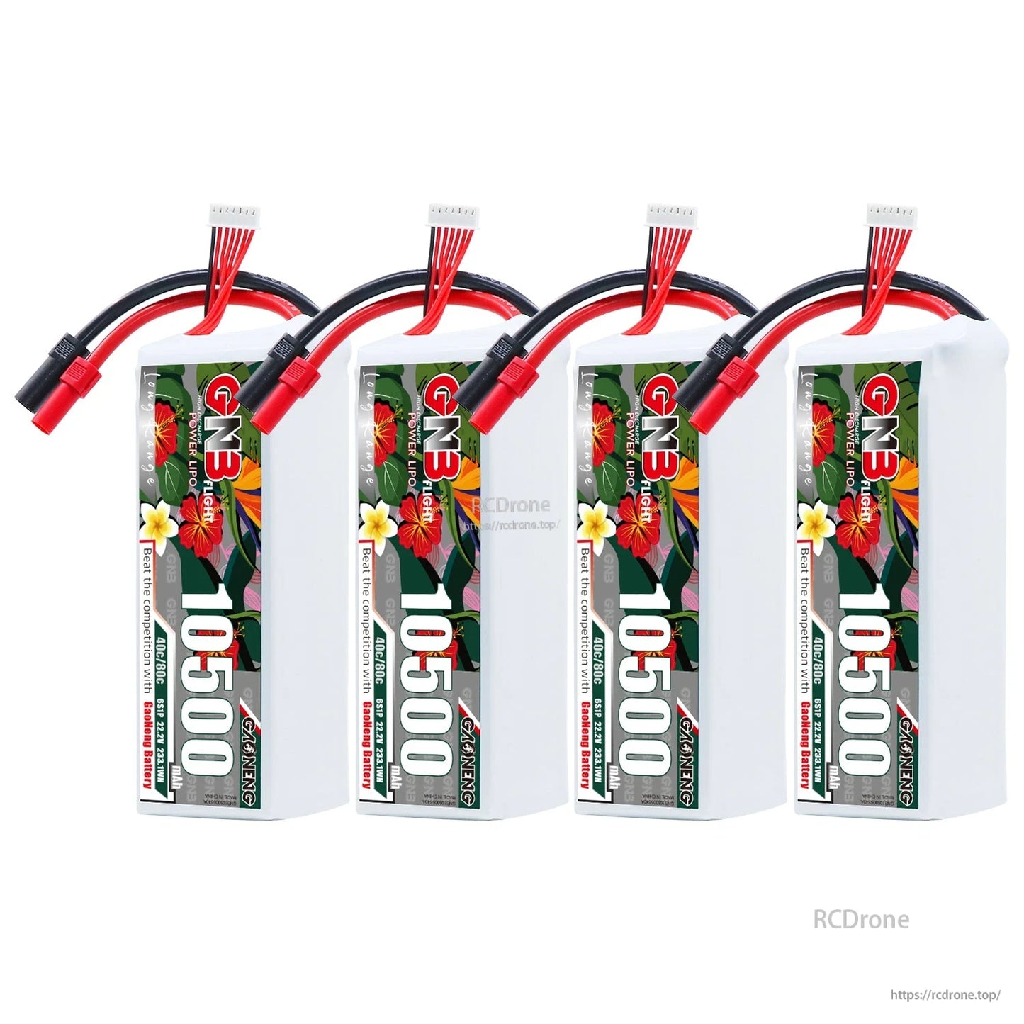 Four GAONENG GNB 10500mAh LiPo batteries lined up, each with XT150 connector leads