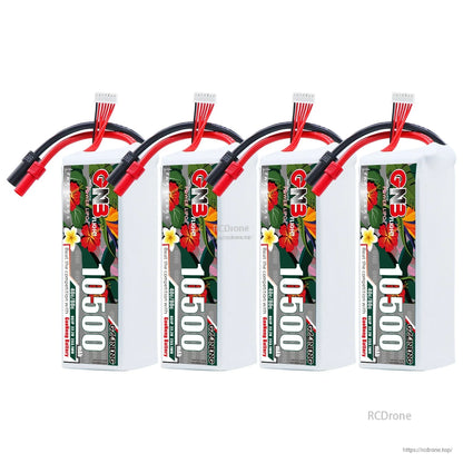 Four GAONENG GNB 10500mAh LiPo batteries lined up, each with XT150 connector leads