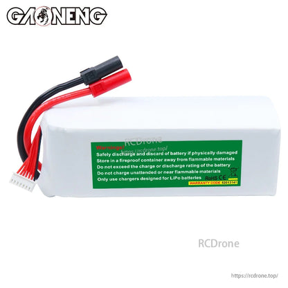 Rear/side view of GAONENG LiPo battery showing green safety warning label and discharge leads