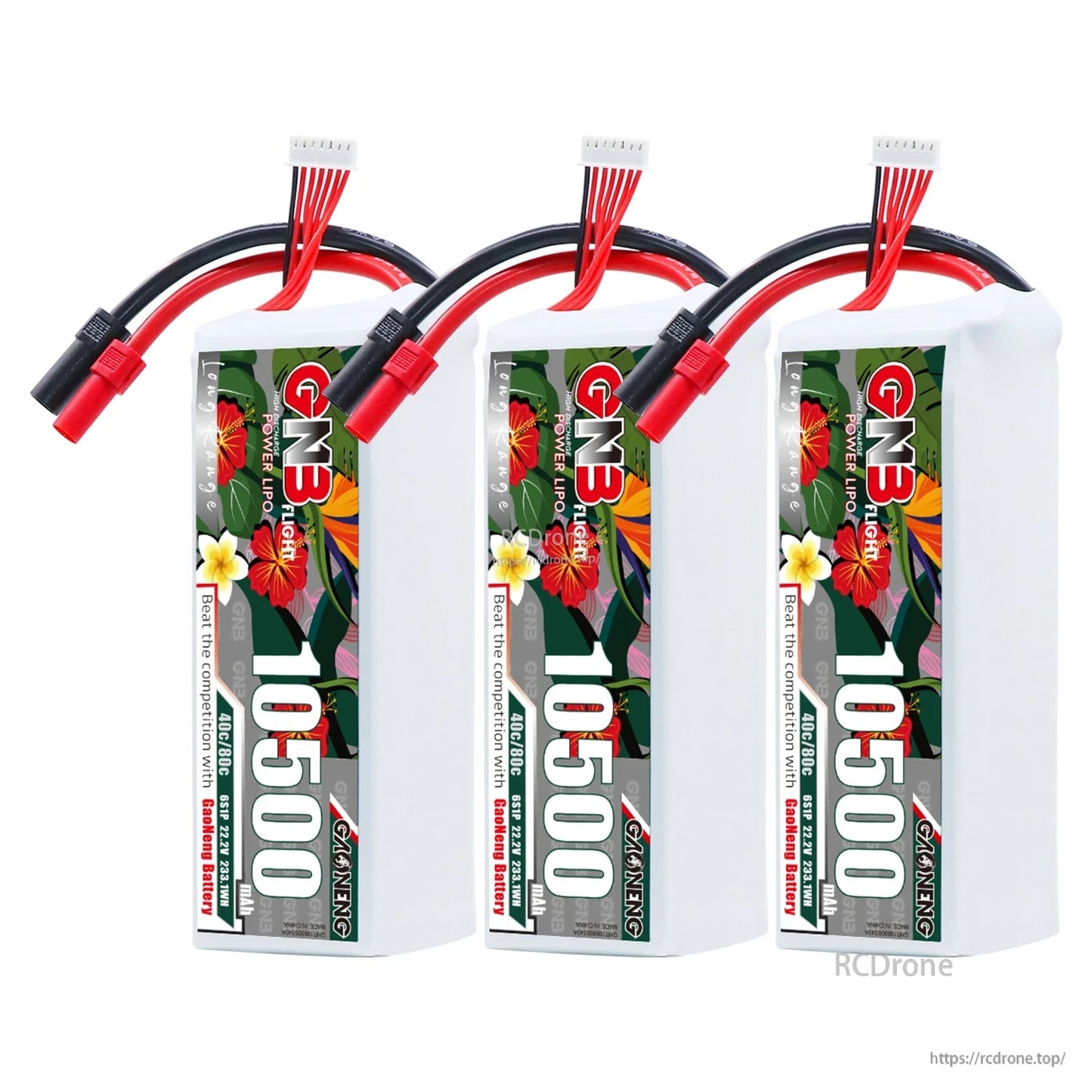 Three-pack display of GAONENG GNB 10500mAh batteries with XT150 leads and balance connectors