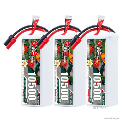 Three-pack display of GAONENG GNB 10500mAh batteries with XT150 leads and balance connectors