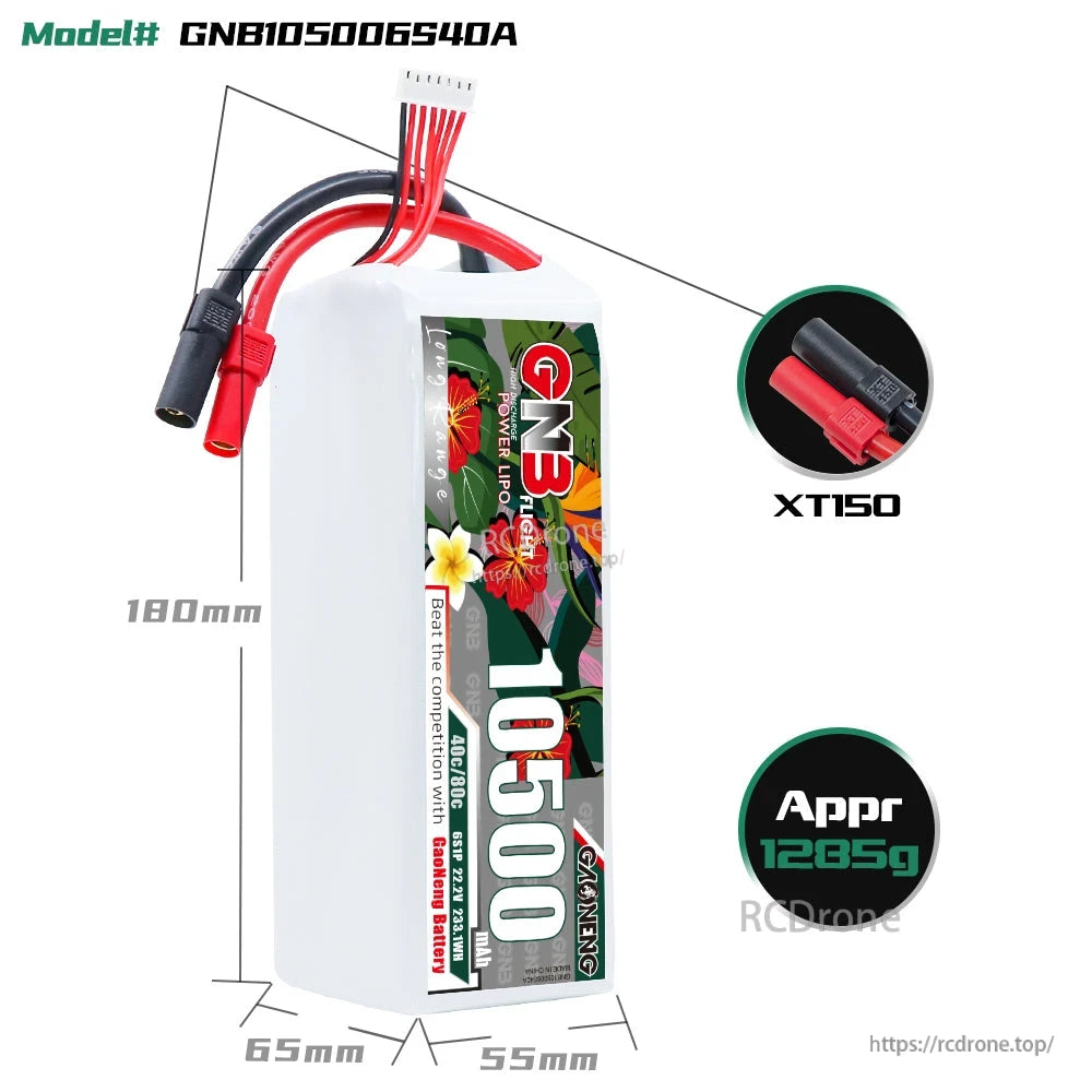 GNB105006S40A battery dimensions diagram with XT150 connector close-up and approx 1265g weight note