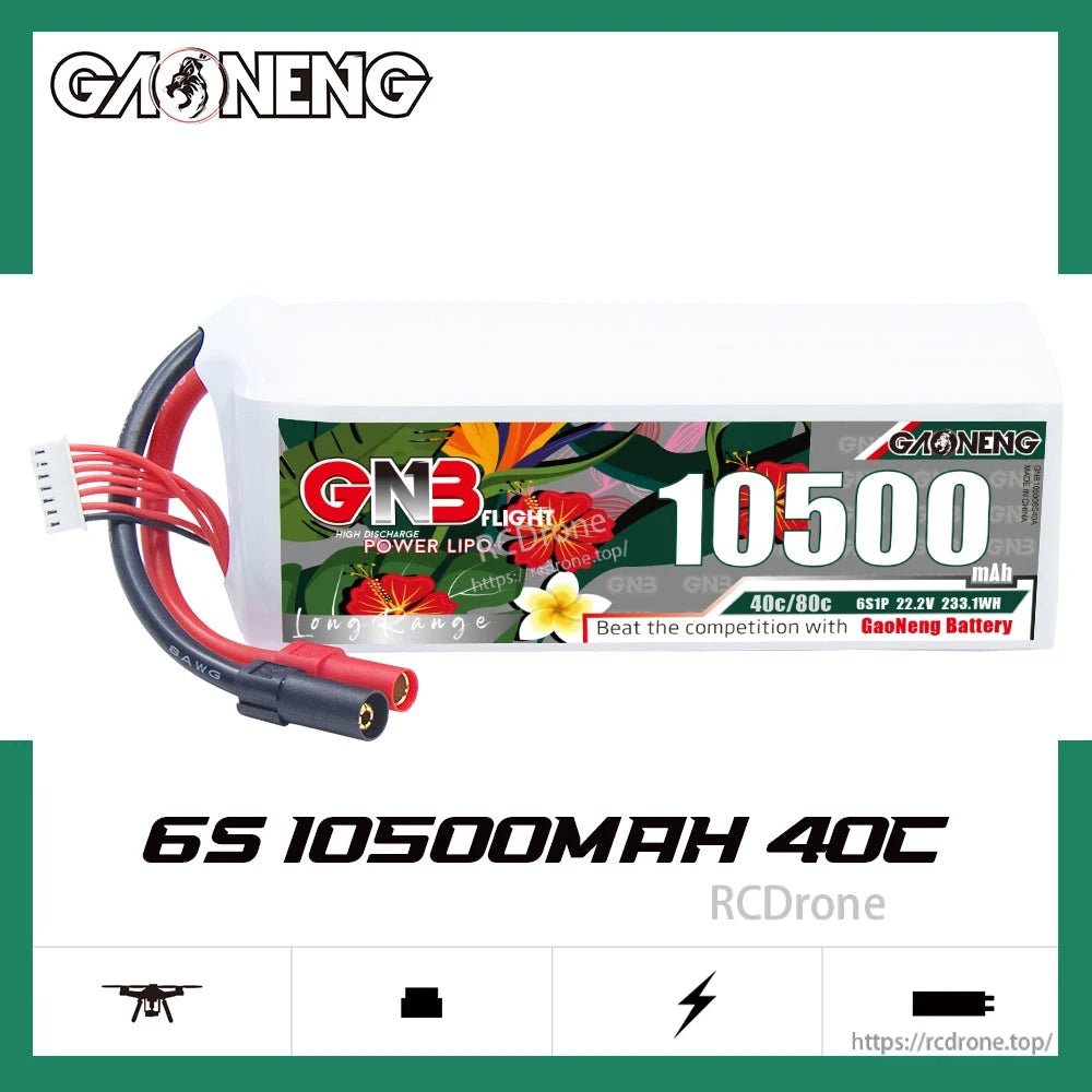 GAONENG GNB 6S 10500mAh 40C LiPo battery product graphic with capacity and C-rate text