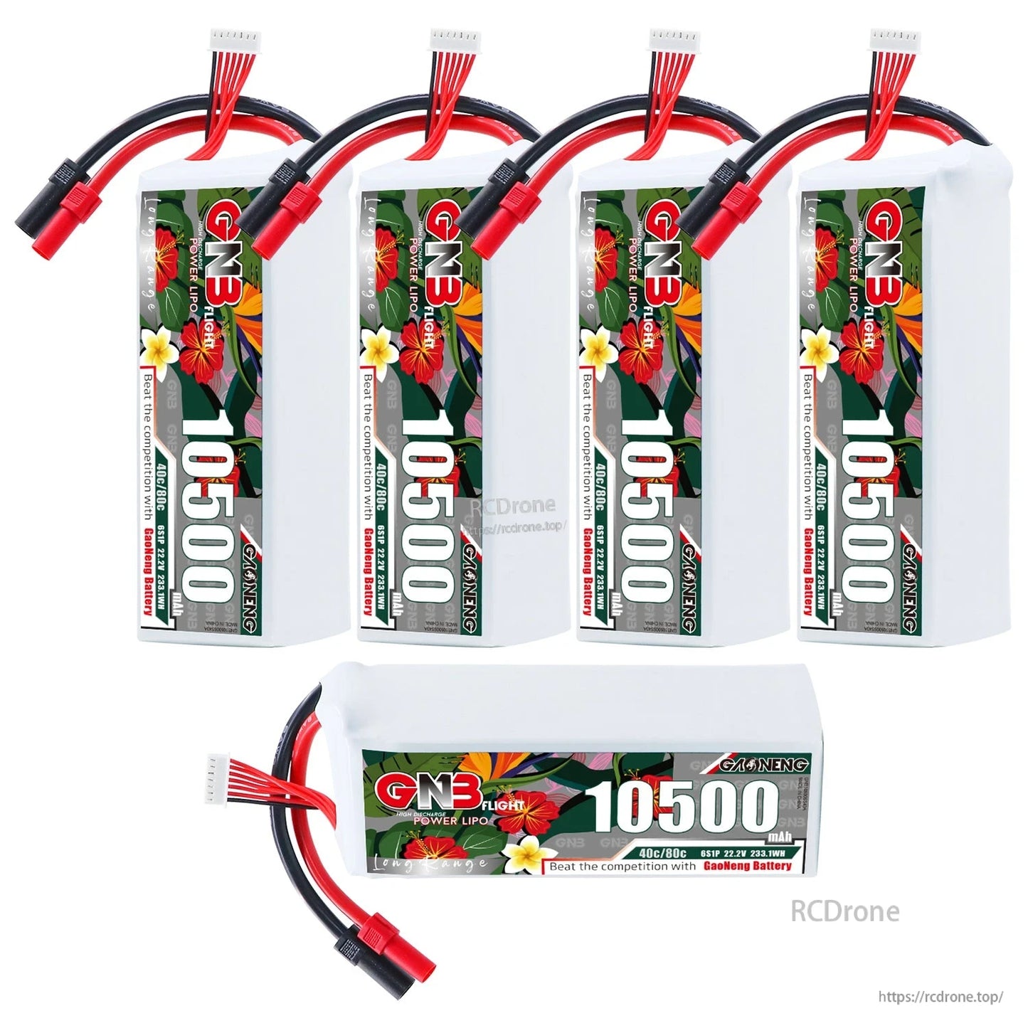 Set display with four upright GAONENG GNB 10500mAh batteries and one battery shown lying down