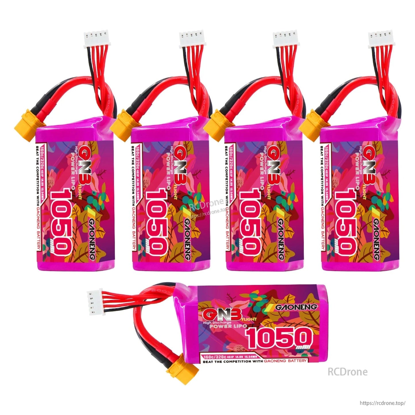 Five GAONENG GNB 1050 LiPo batteries—four upright plus one horizontal showing front label and XT60 plug