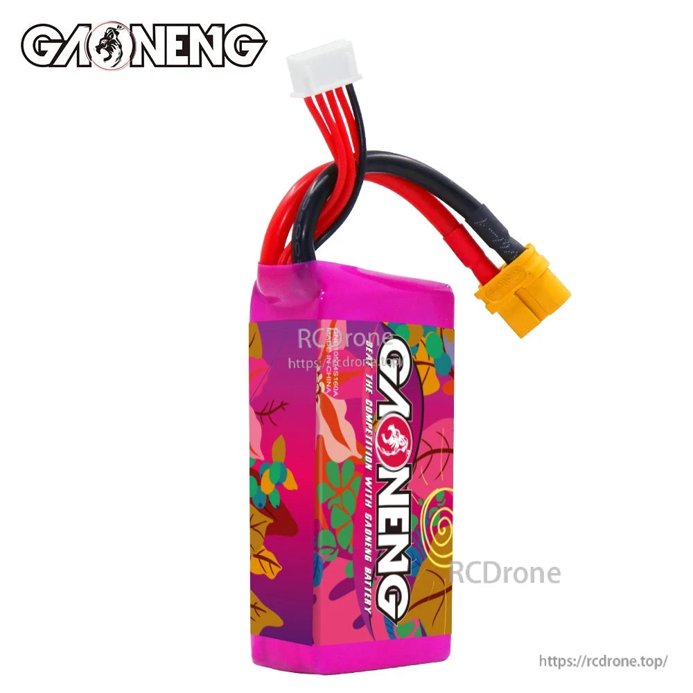 Rear/brand side view of GAONENG LiPo pack showing wire exit and heatshrink wrap