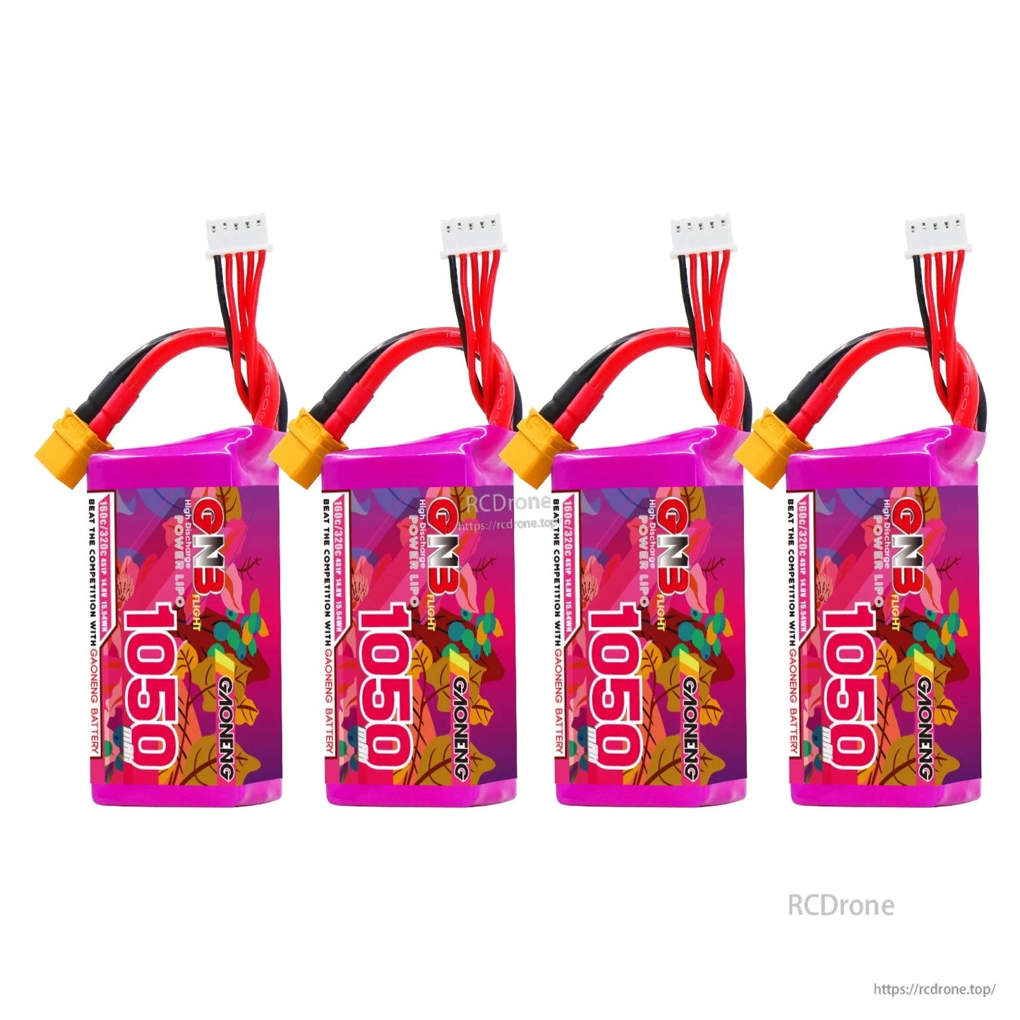 Four GAONENG GNB 1050 LiPo batteries shown upright with balance leads