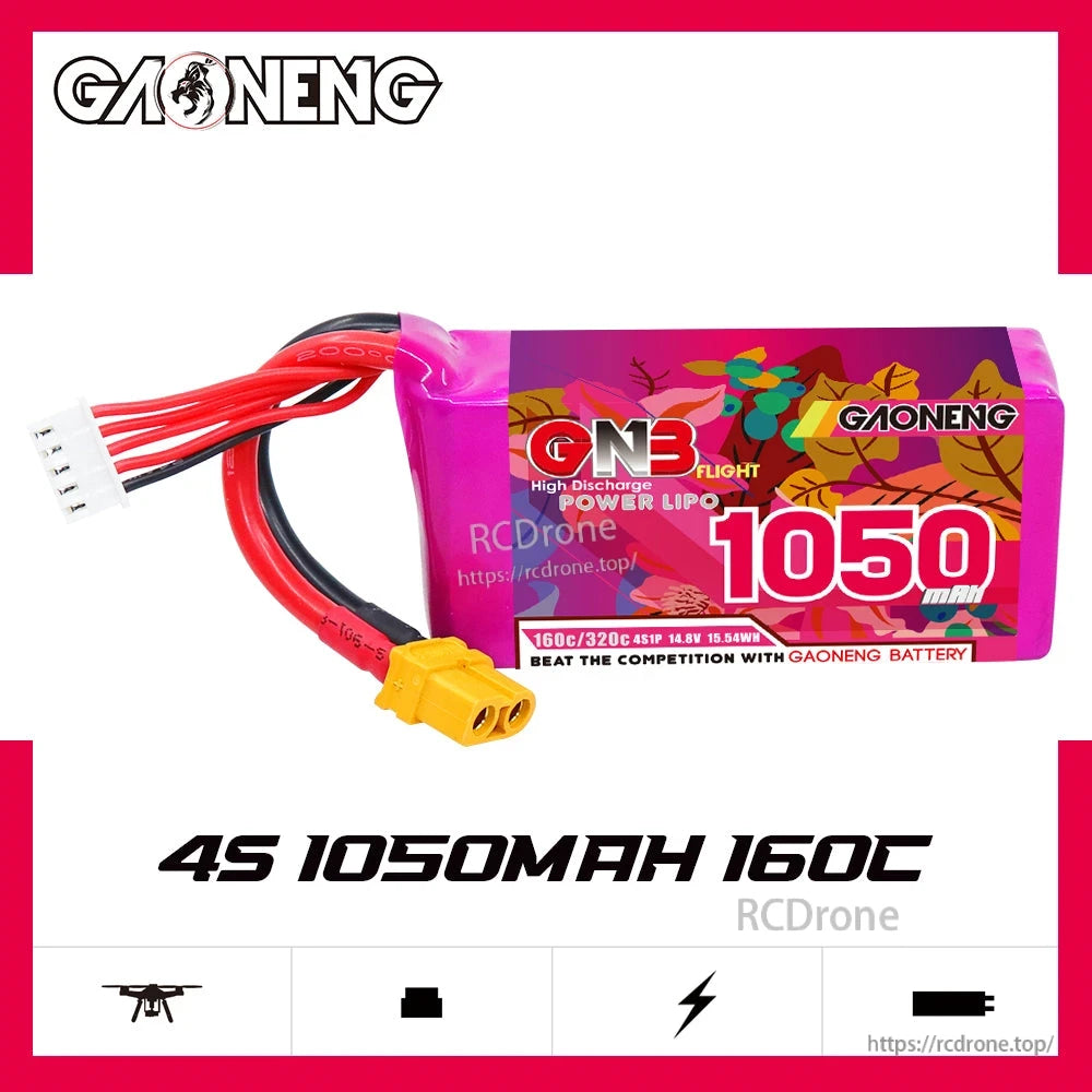 GAONENG GNB 4S 1050mAh 160C LiPo battery hero graphic showing front label and leads