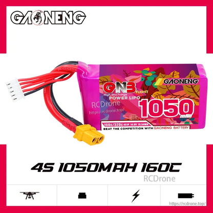 GAONENG GNB 4S 1050mAh 160C LiPo battery hero graphic showing front label and leads