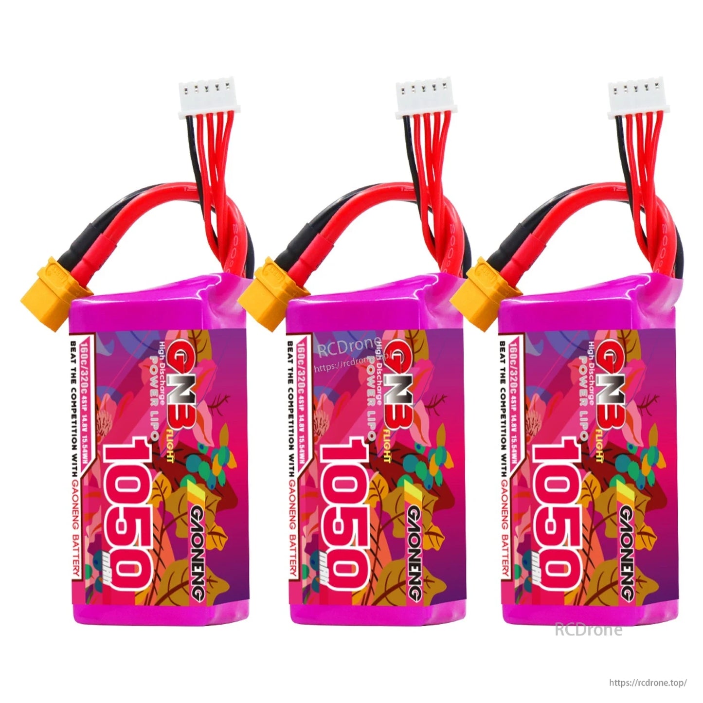 Three GAONENG GNB 1050 LiPo batteries shown upright with XT60 leads