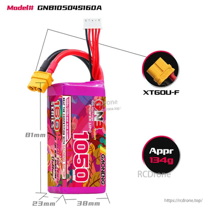 Battery size and connector diagram for GNB10504S160A, shows XT60U-F plug, 81×38×23mm and approx 134g