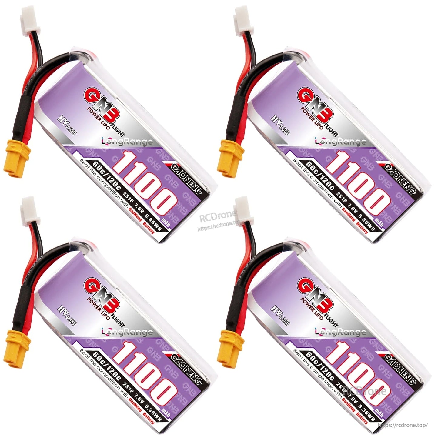 Four GNB 1100mAh LiHV batteries arranged diagonally showing XT30 leads and balance plugs