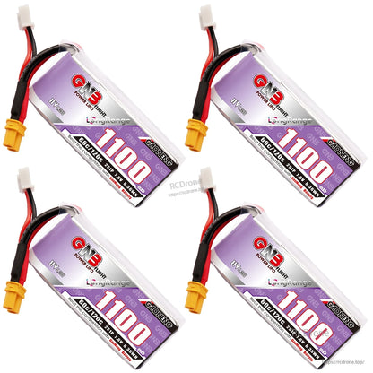 Four GNB 1100mAh LiHV batteries arranged diagonally showing XT30 leads and balance plugs