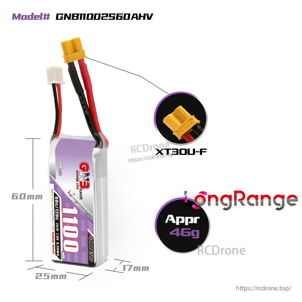 GNB11002S60AHV battery dimensions diagram 60x25x17mm with XT30U-F connector close-up