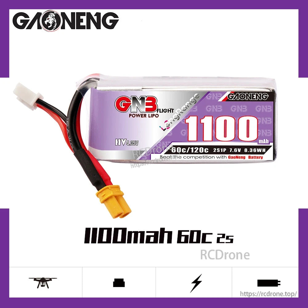 GAONENG GNB 1100mAh 60C 2S LiHV battery with XT30 connector, single pack on white