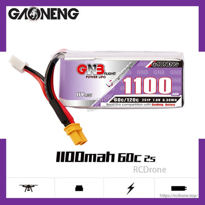GAONENG GNB 1100mAh 60C 2S LiHV battery with XT30 connector, single pack on white