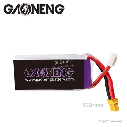 Rear side view of GAONENG battery showing purple GAONENG branding and attached XT30 lead