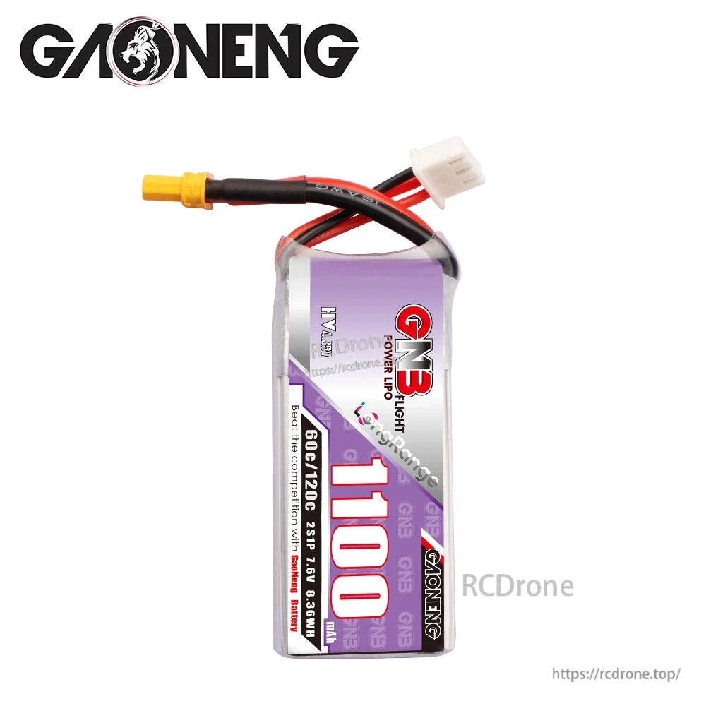 Front label view of GAONENG GNB 1100 battery showing 60C/120C, 2S1P 7.6V 8.36Wh
