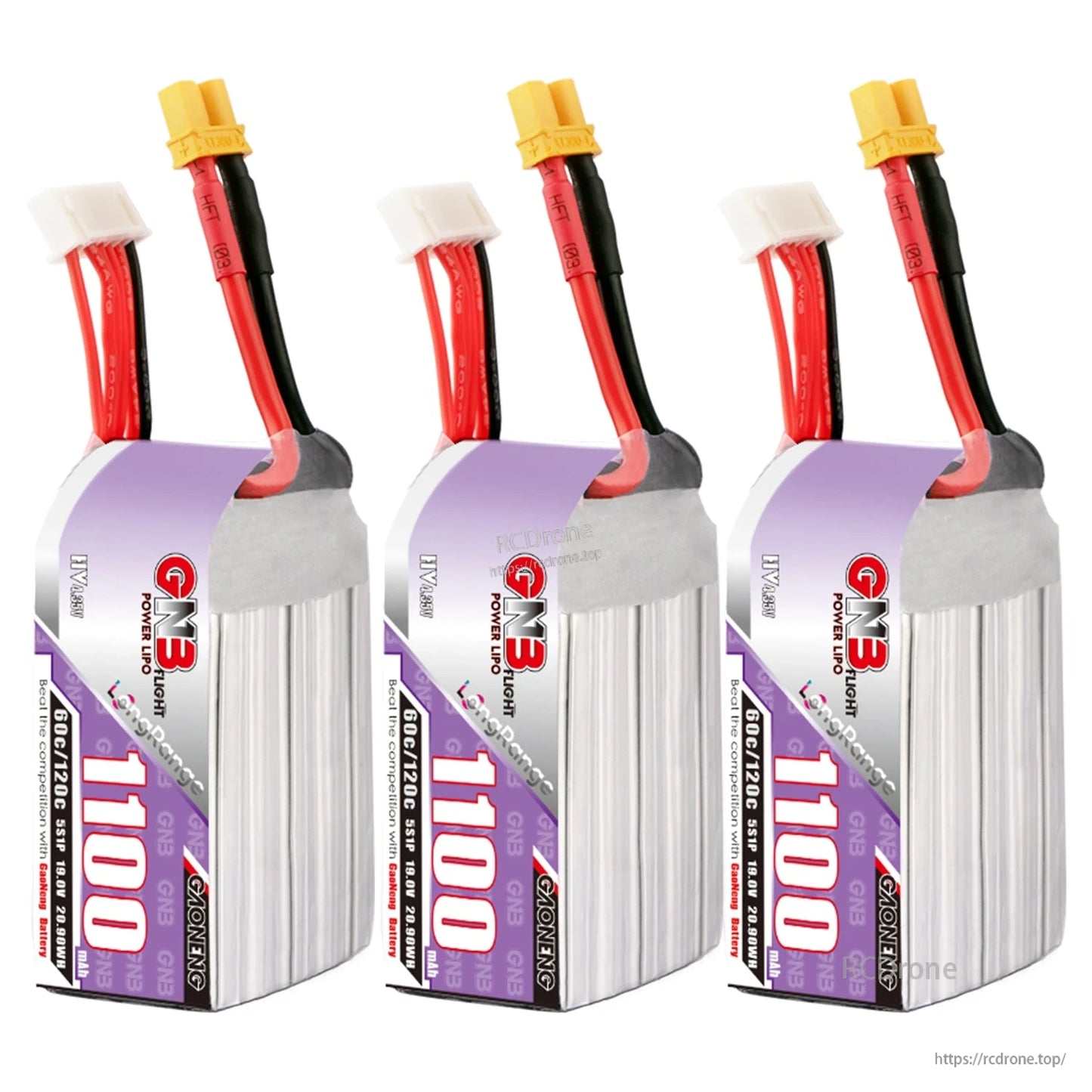 Three-pack display of GNB 1100 LiHV batteries standing upright with XT30 and balance leads