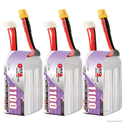 Three-pack display of GNB 1100 LiHV batteries standing upright with XT30 and balance leads