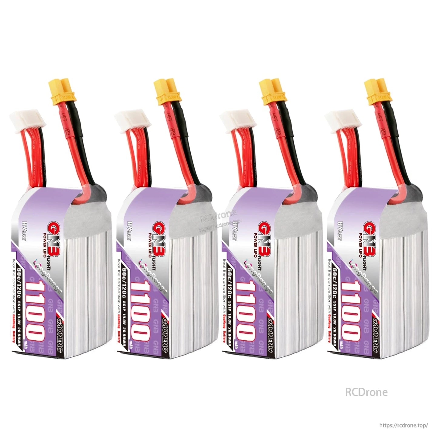 Four GNB 1100 LiHV batteries upright, showing front labels and connectors
