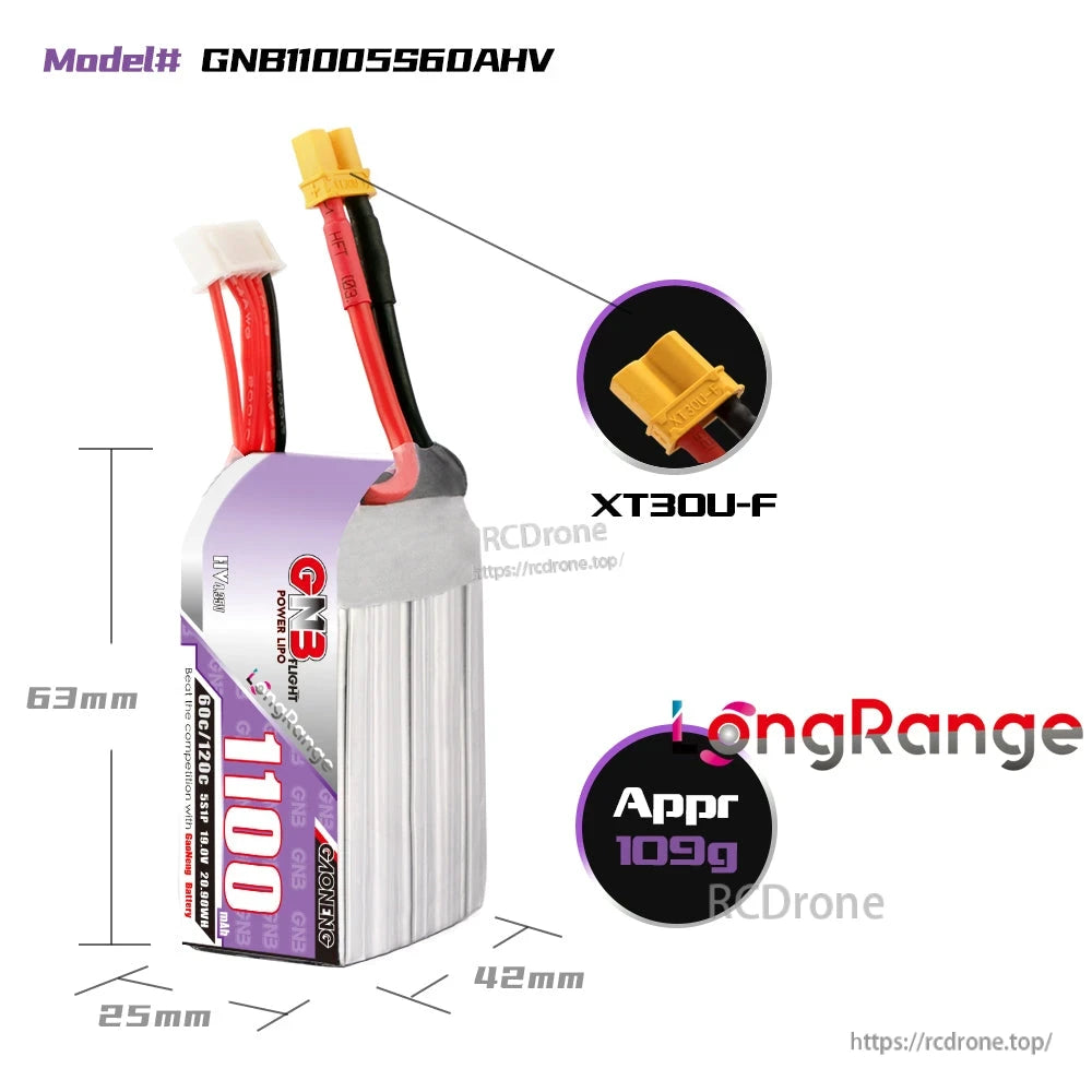 GNB11005S60AHV battery dimensions diagram with XT30U-F connector close-up, approx 109g