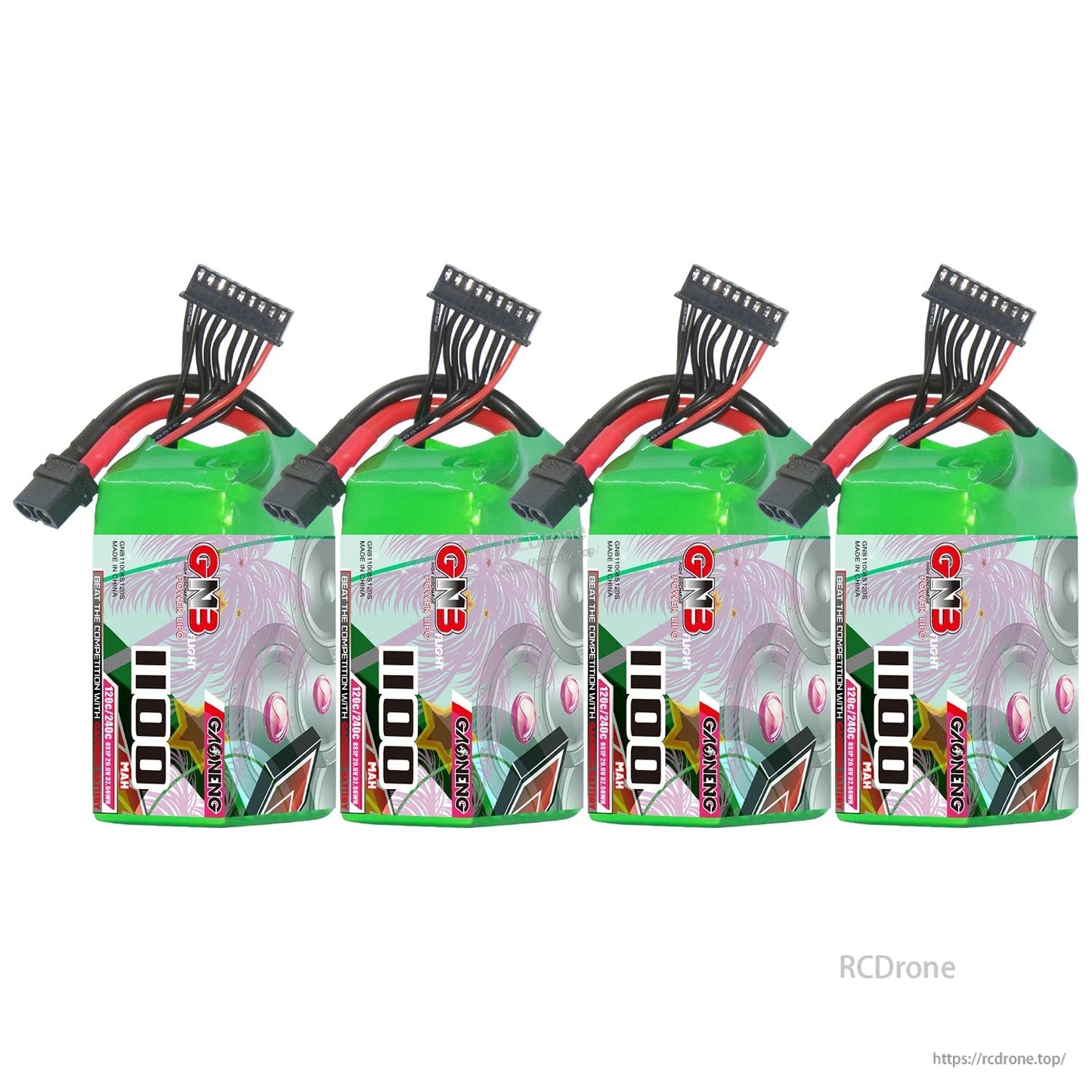 Four GNB 1100mAh batteries lineup showing connectors and balance leads on each pack