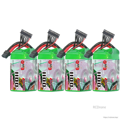 Four GNB 1100mAh batteries lineup showing connectors and balance leads on each pack