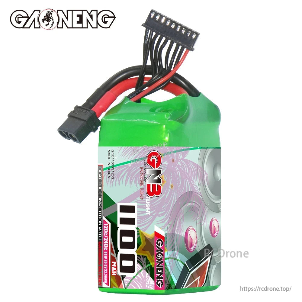 Upright view of GNB 1100mAh battery front label with balance plug and XT60 lead on top