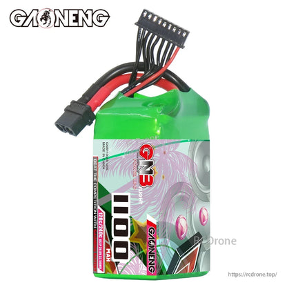 Upright view of GNB 1100mAh battery front label with balance plug and XT60 lead on top
