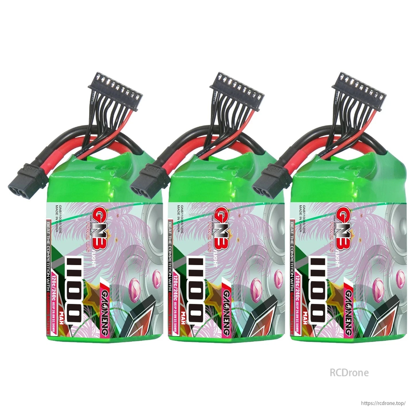 Three GNB 1100mAh batteries lined up, each with XT60 connector and balance plug
