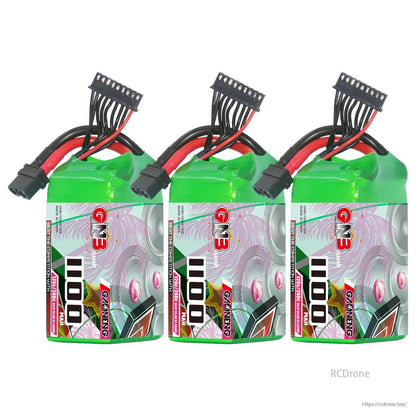 Three GNB 1100mAh batteries lined up, each with XT60 connector and balance plug