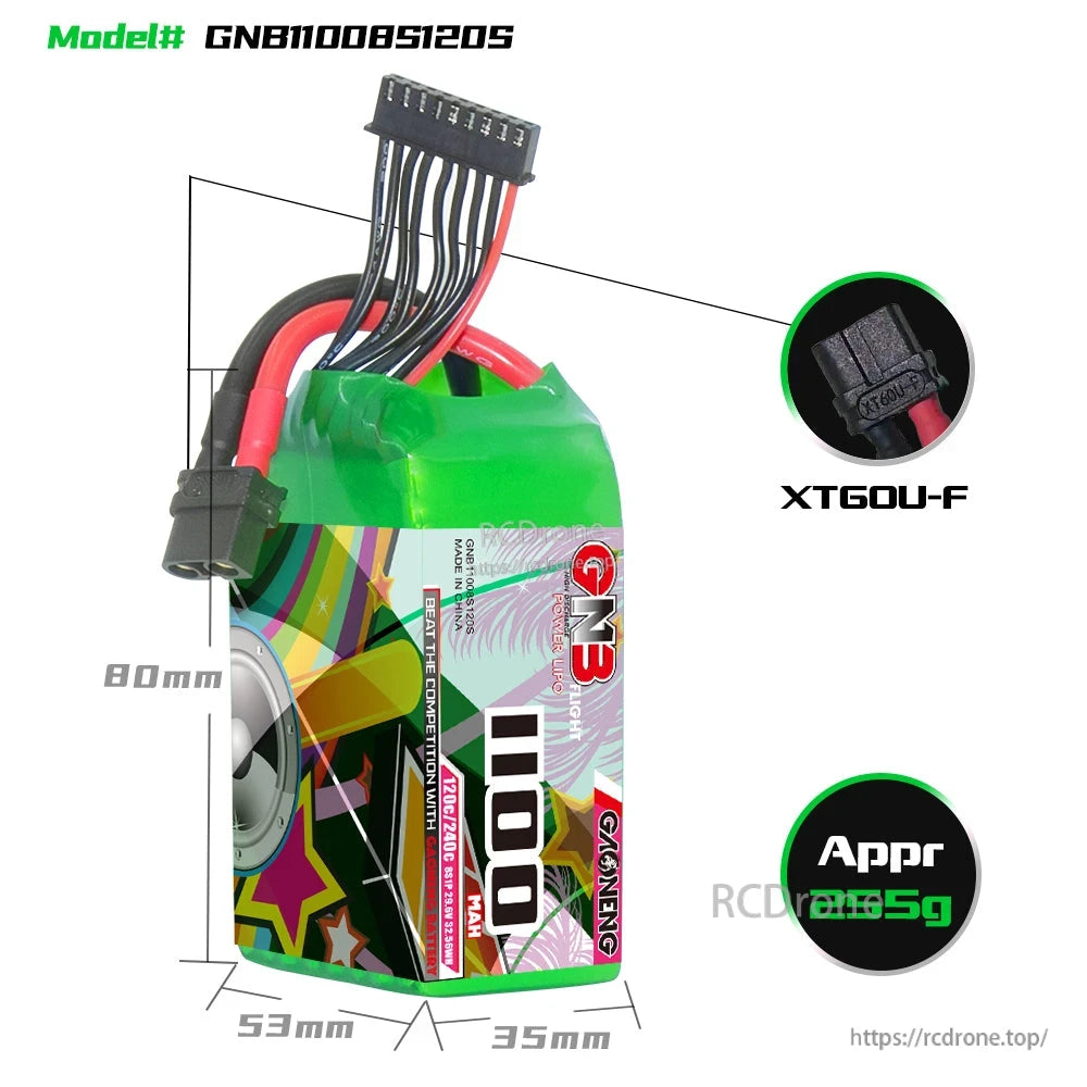 GNB11008S120S battery size diagram with dimensions and XT60U-F connector close-up, approx 165g